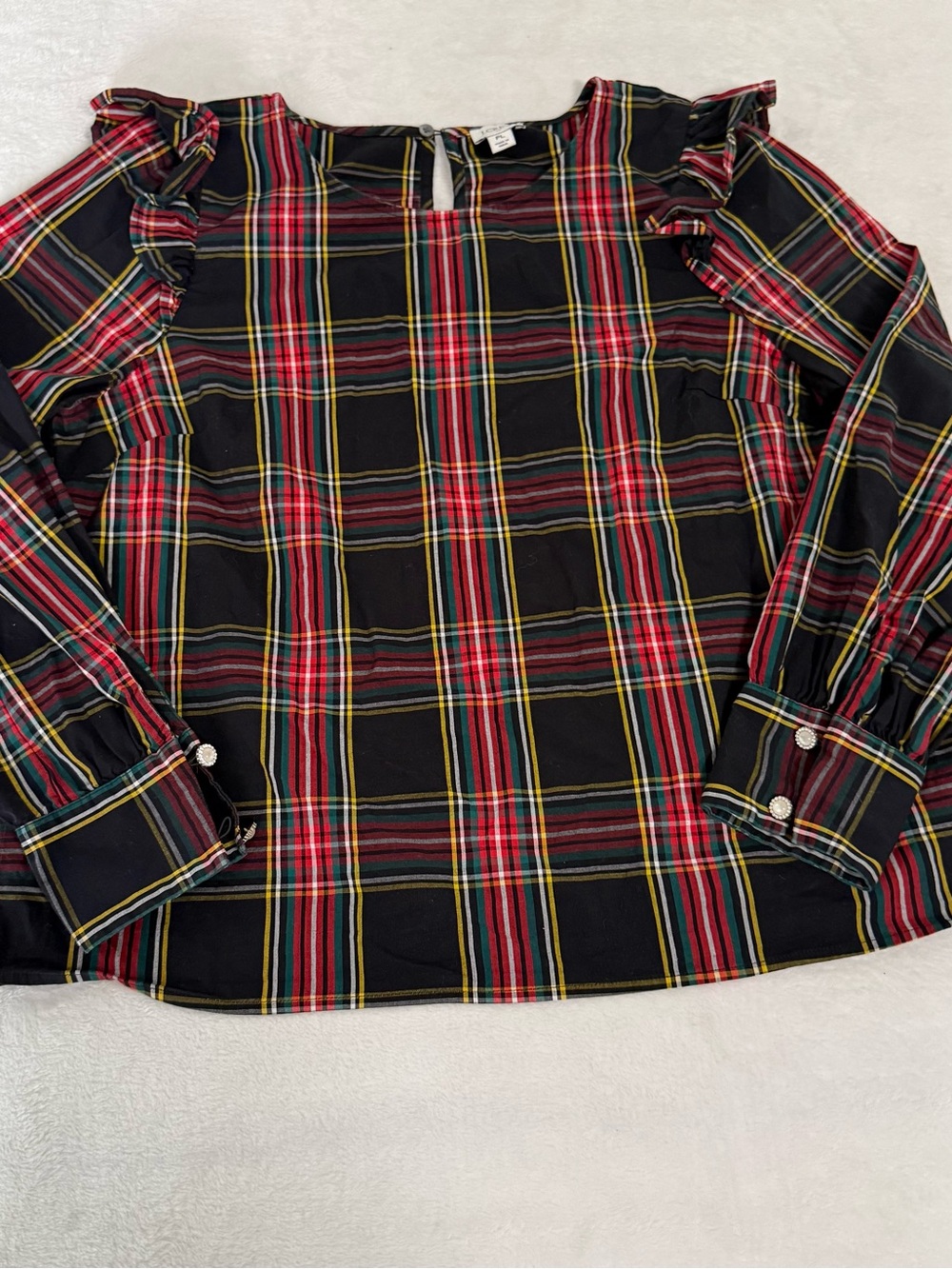 J.Crew Womens PL Petite Large Plaid Ruffle Blouse Pearl Button Holiday Tartan